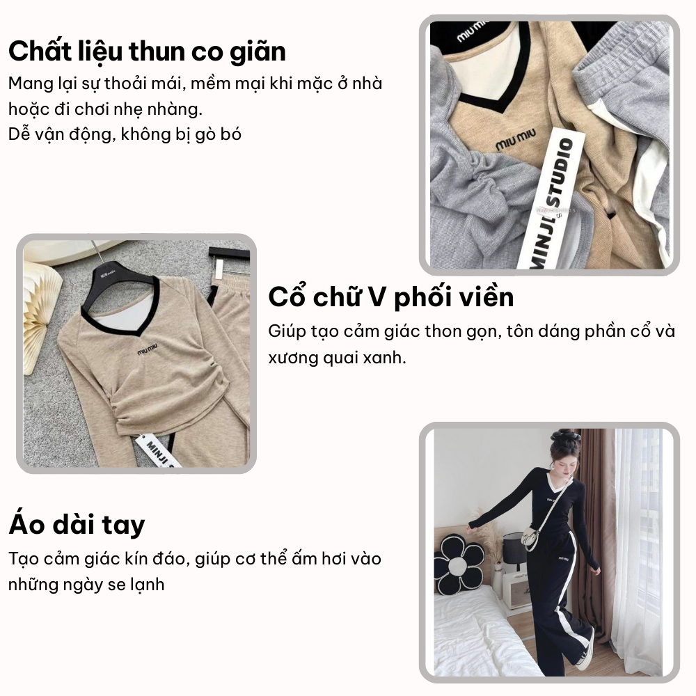 Set đồ nữ dài tay thể thao phong cách năng động Lily, đồ bộ nữ áo thun cổ V phối quần suông cạp chun 3 màu HCOM3335 - Hình 2