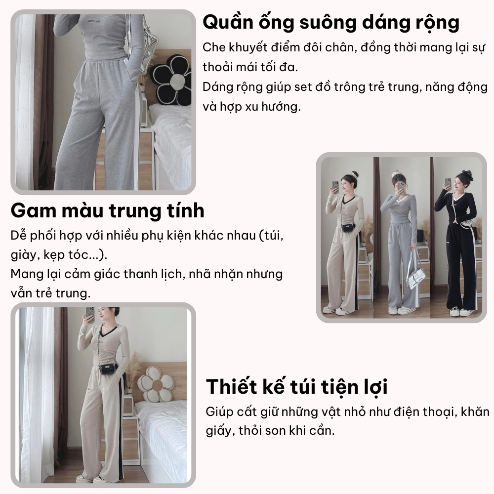 Set đồ nữ dài tay thể thao phong cách năng động Lily, đồ bộ nữ áo thun cổ V phối quần suông cạp chun 3 màu HCOM3335 - Hình 3