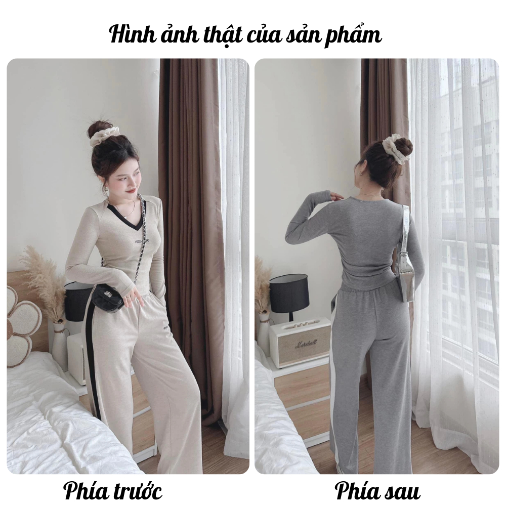Set đồ nữ dài tay thể thao phong cách năng động Lily, đồ bộ nữ áo thun cổ V phối quần suông cạp chun 3 màu HCOM3335 - Hình 4