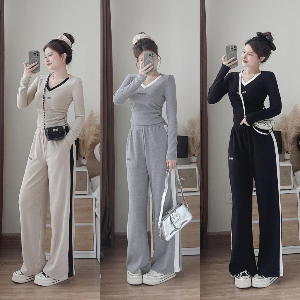 Set đồ nữ dài tay thể thao phong cách năng động Lily, đồ bộ nữ áo thun cổ V phối quần suông cạp chun 3 màu HCOM3335 - Hình 5