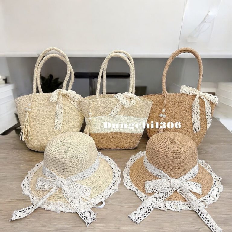 Set Túi Mũ Cói Tua Rua Mix Ngọc Nơ Ren: Đi Biển Hay Đi Chơi Đều Xinh