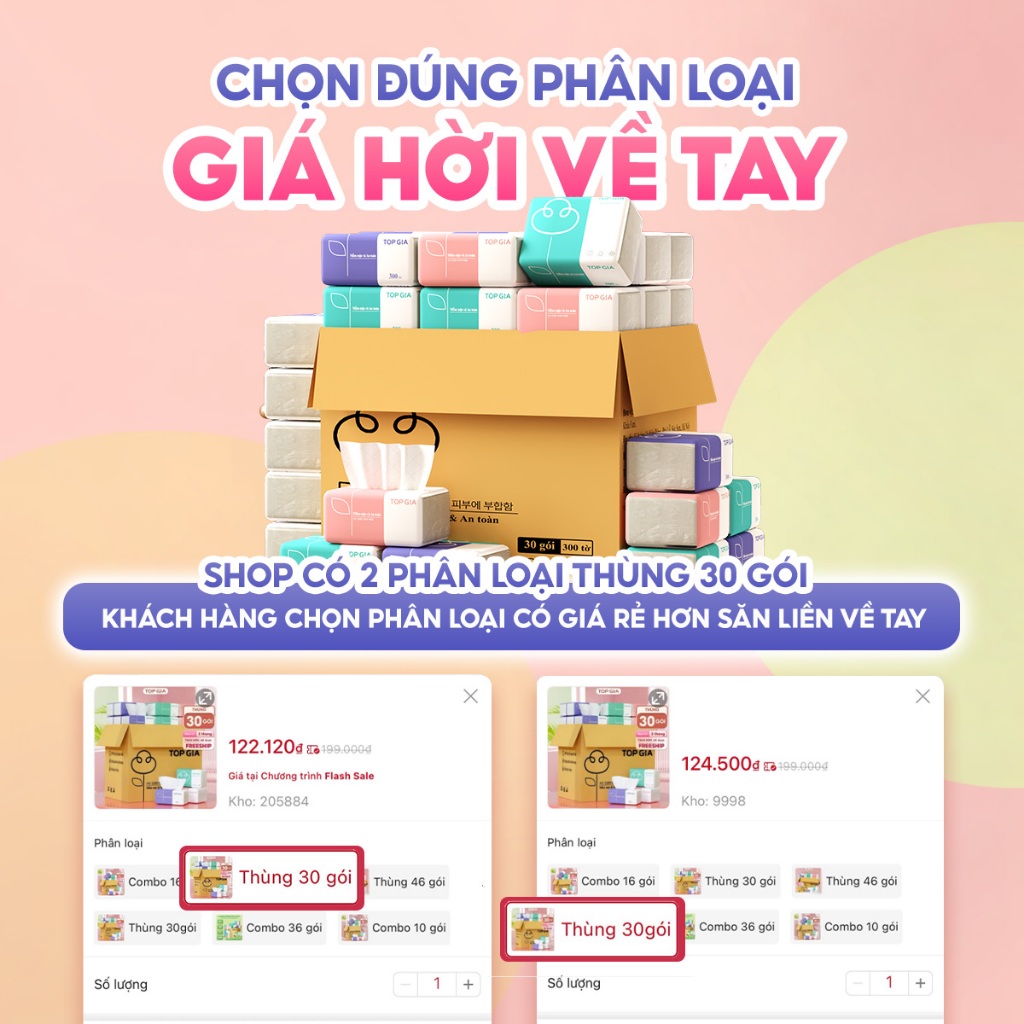 Thùng 30 gói giấy �n rút Topgia 3 m� u cao cấp 4 l�p d� y... (2)