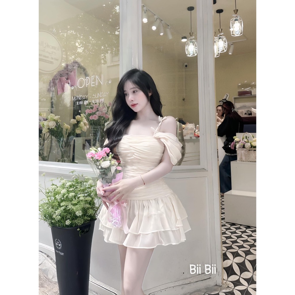 [Sẵn mút ngực] �ầm babydoll ti�u thư nhún eo dáng ngắn xo... (2)