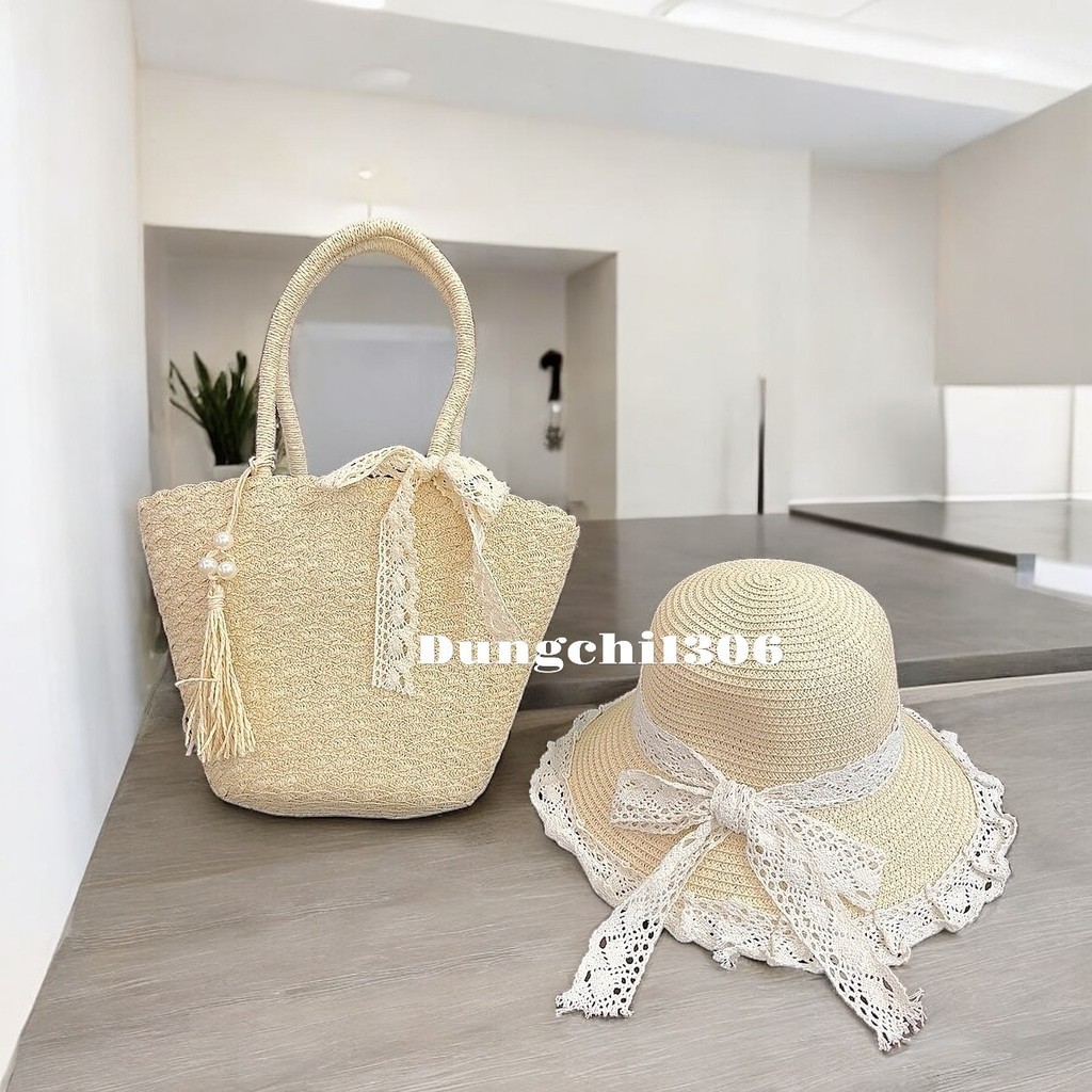 Set túi mũ cói tua rua mix ngọc nơ ren đi biển đi chơi đề... (2)