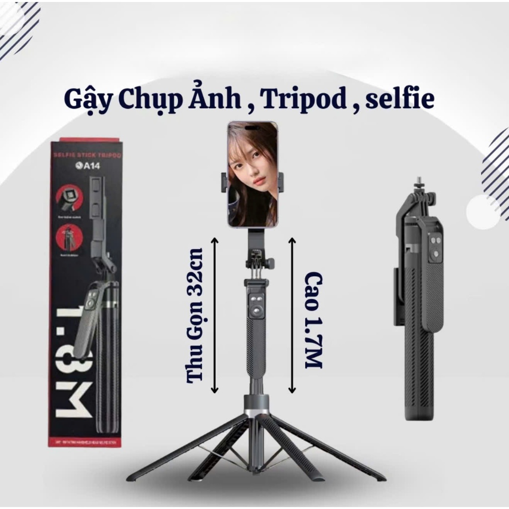 (Tặng Remote) Gậy chụp ảnh Selfie 4 chân A14 1M8 điều khi... (2)