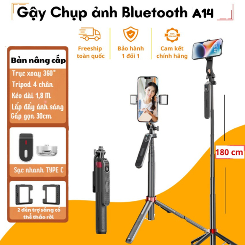 (Tặng Remote) Gậy chụp ảnh Selfie 4 chân A14 1M8 điều khi... (2)