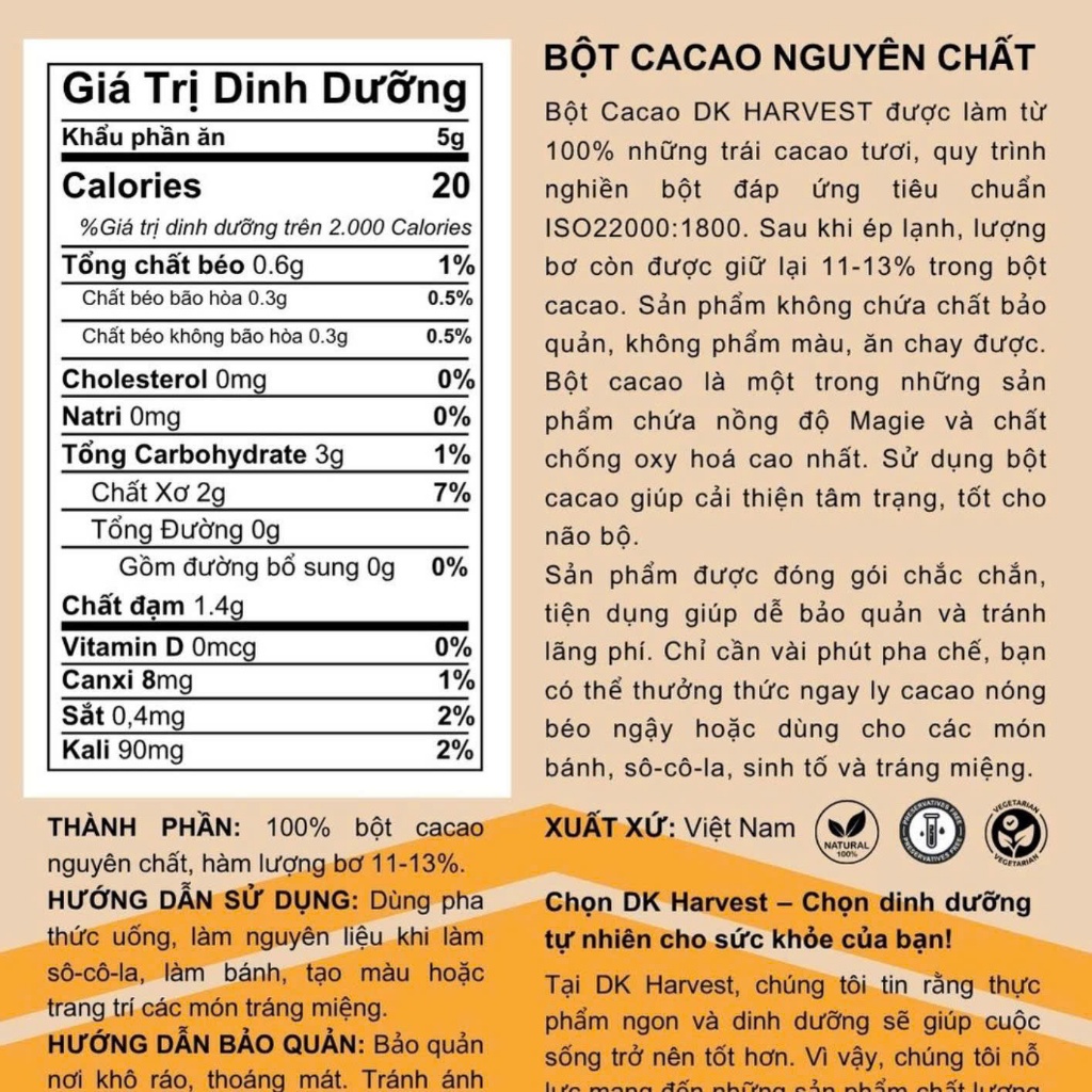 Bột Cacao Nguyên Chất DK Harvest (2)