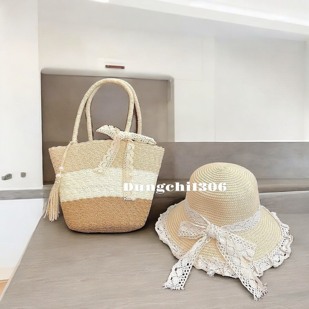 Set túi mũ cói tua rua mix ngọc nơ ren đi biển đi chơi đề... (3)
