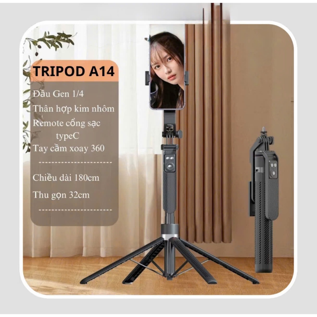 (Tặng Remote) Gậy chụp ảnh Selfie 4 chân A14 1M8 điều khi... (3)