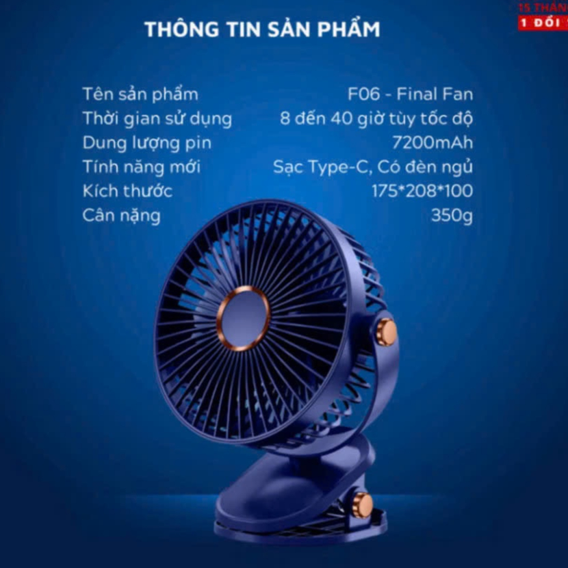 ( HÀNG CHUẨN) Quạt tích điện kẹp bàn mini 5 mức độ có đèn... (3)