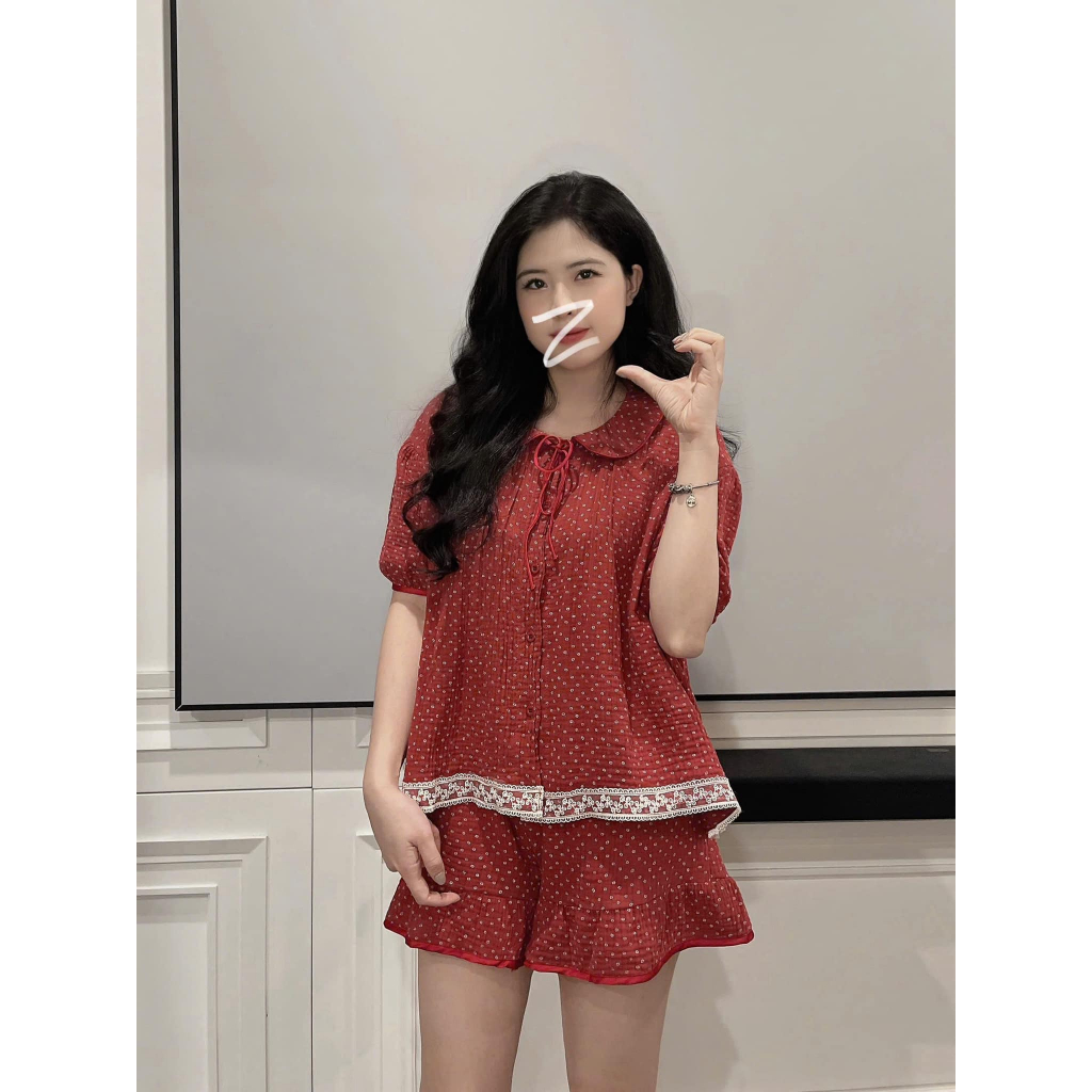 Đồ bộ nữ đồ mặc nhà chất đũi họa tiết chấm bi cổ sen viền... (3)