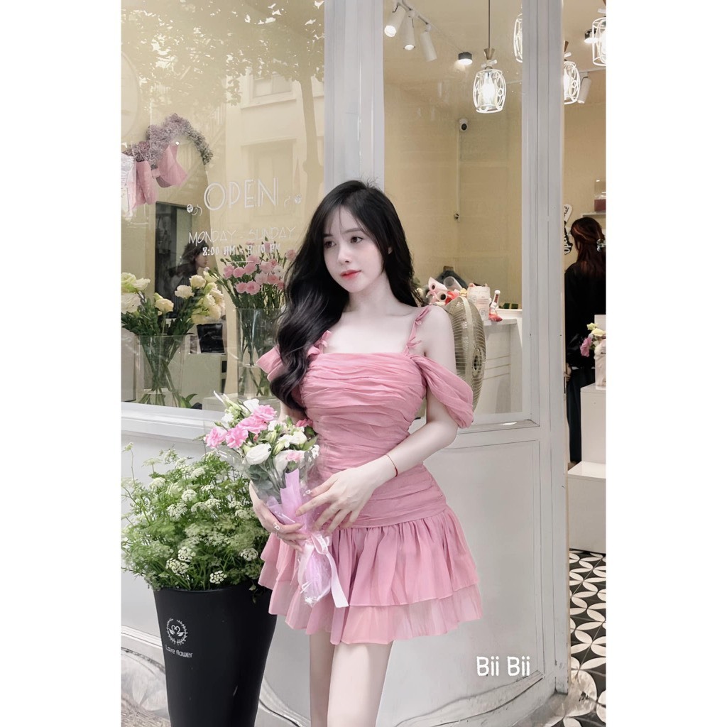 [Sẵn mút ngực] �ầm babydoll ti�u thư nhún eo dáng ngắn xo... (4)