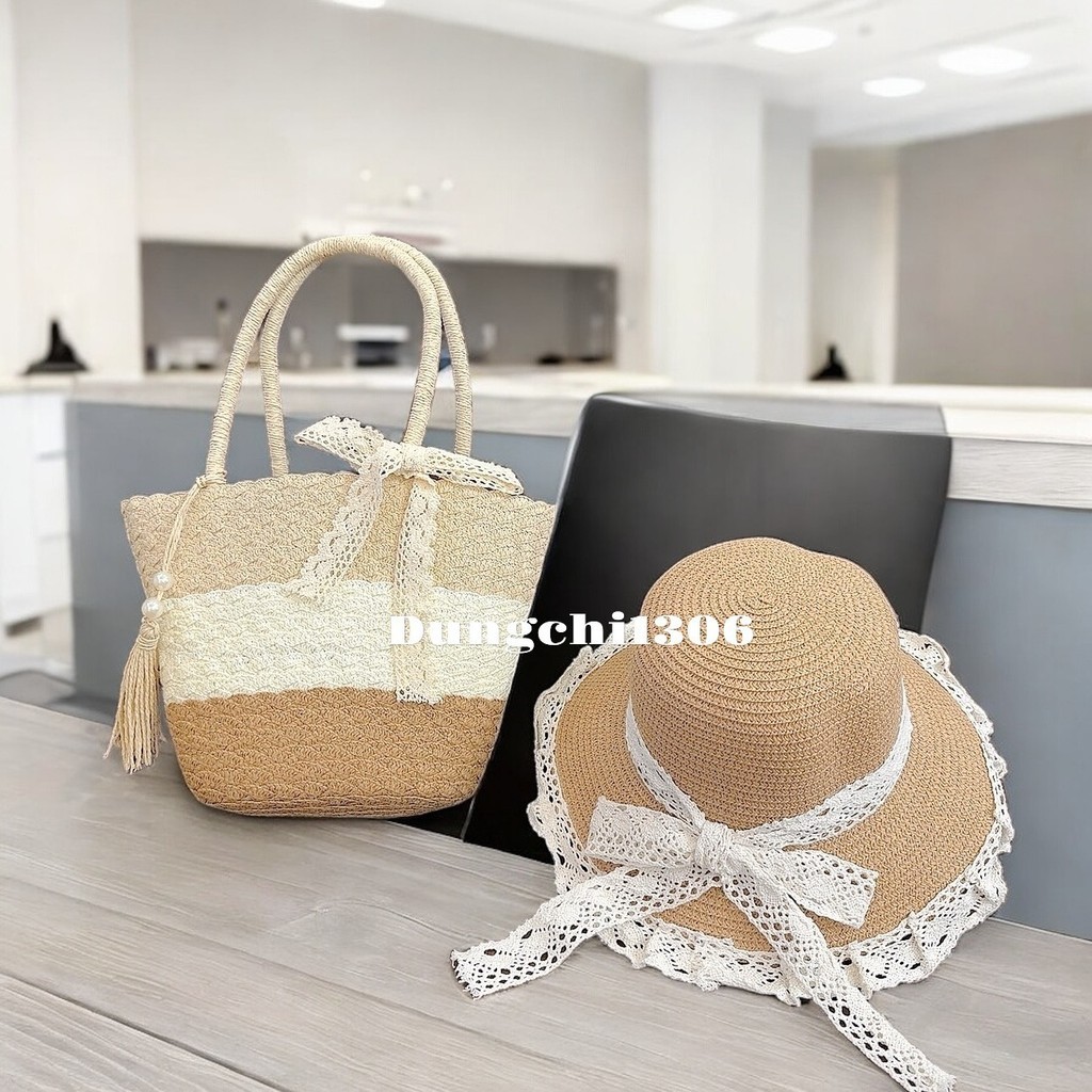 Set túi mũ cói tua rua mix ngọc nơ ren đi biển đi chơi đề... (4)