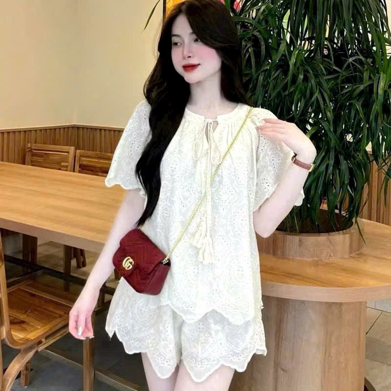 Sét Ren tay ngắn thêu hoa vải ren (4)
