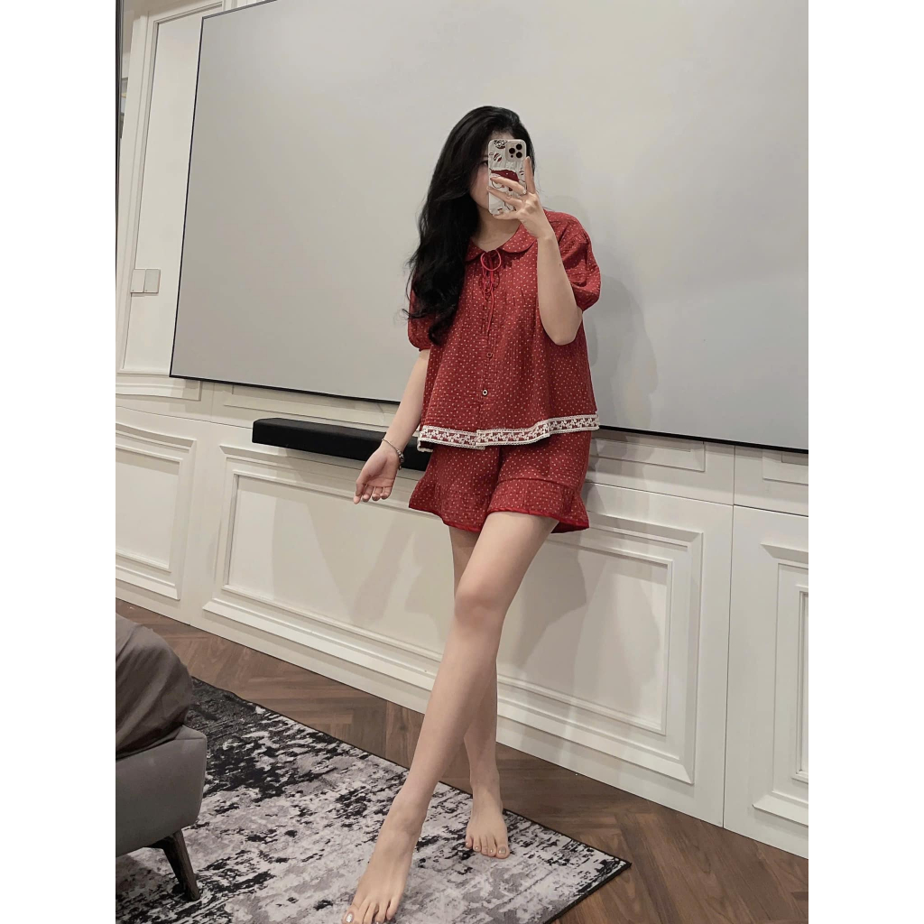Đồ bộ nữ đồ mặc nhà chất đũi họa tiết chấm bi cổ sen viền... (4)