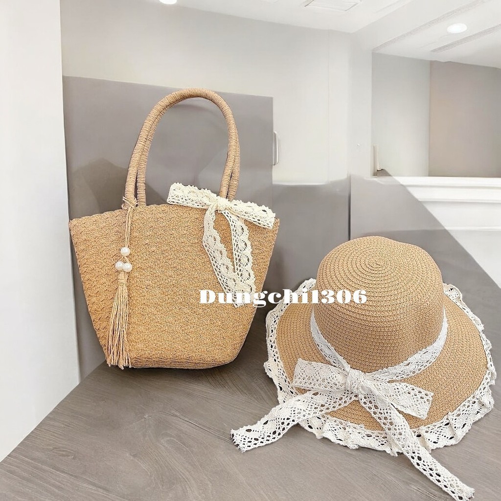 Set túi mũ cói tua rua mix ngọc nơ ren đi biển đi chơi đề... (5)