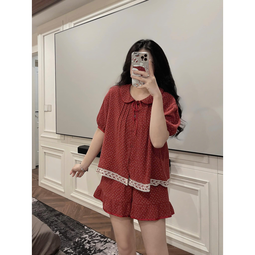 Đồ bộ nữ đồ mặc nhà chất đũi họa tiết chấm bi cổ sen viền... (5)
