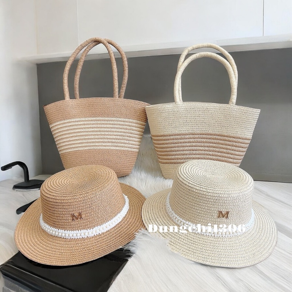 Set túi mũ cói tua rua mix ngọc nơ ren đi biển đi chơi đề... (6)