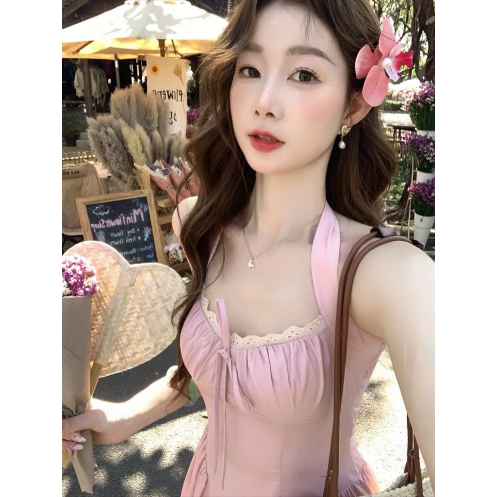 Váy Nữ Cổ Yếm Phối Viền Ren Thắt Nơ Nhẹ Nhàng Chiết Eo Ma... (6)