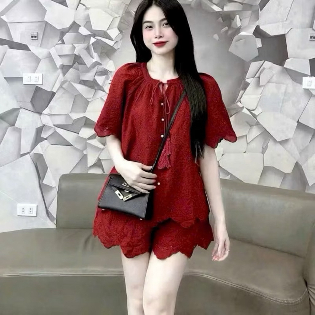 Sét Ren tay ngắn thêu hoa vải ren (6)