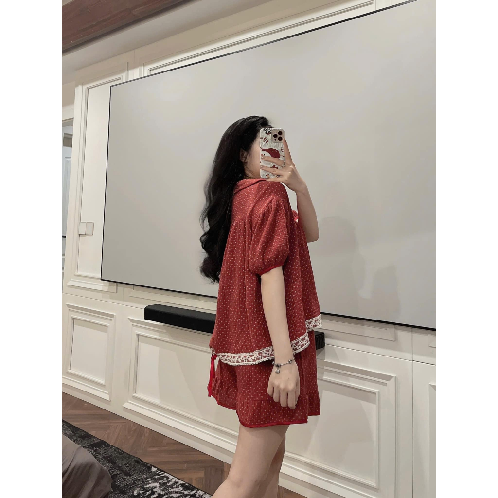 Đồ bộ nữ đồ mặc nhà chất đũi họa tiết chấm bi cổ sen viền... (6)