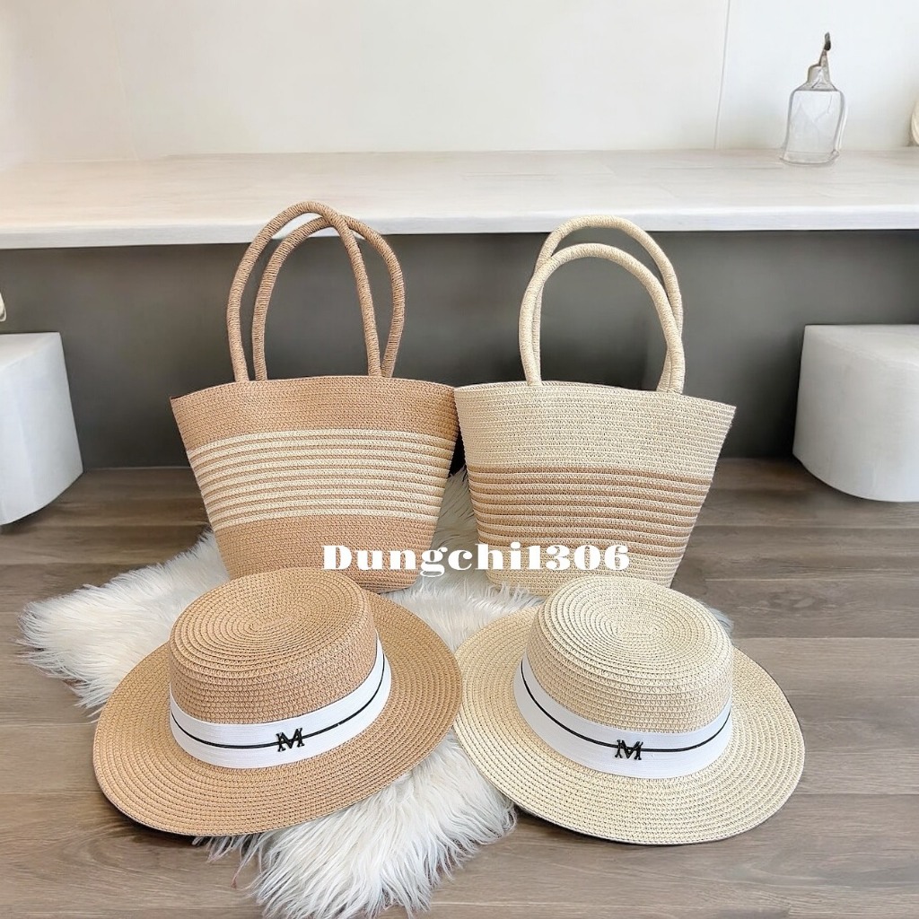 Set túi mũ cói tua rua mix ngọc nơ ren đi biển đi chơi đề... (7)